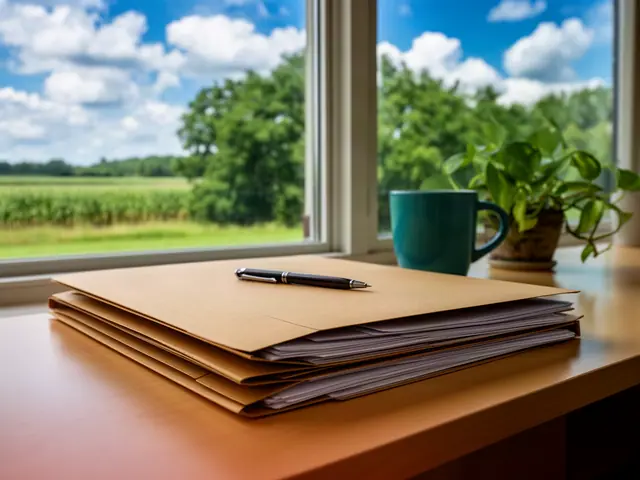 Stack of kraft folders with papers and a black pen on a desk by a window overlooking cornfields