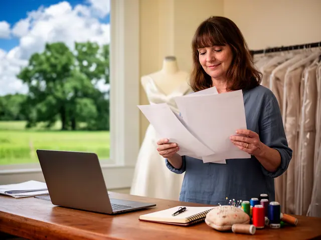Woman with brown hair and bangs reviewing papers in her bridal alterations studio with a laptop on the table